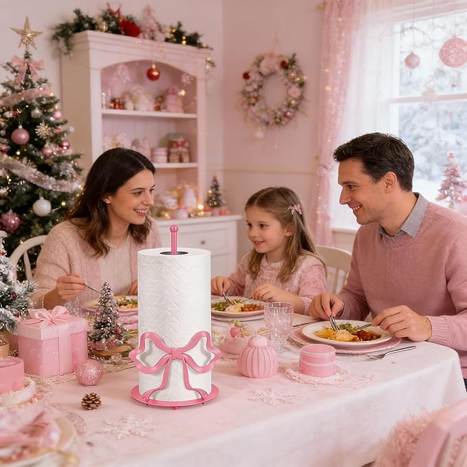 Pink Bow Paper Towel Holder, Cute Paper Towel Roll Holder, 3D Printed Standing Paper Towel Holder for Kitchen Countertops Bathroom with Weighted Base, Kitchen Decor Accessories Gift (Round/Pink Bow)