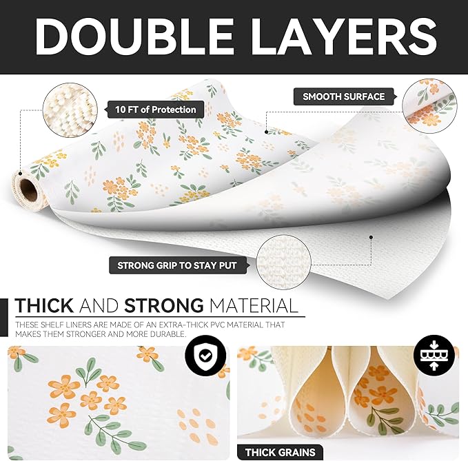 RAY STAR Shelf Liner, 12 Inch x 20 Feet Non Adhesive Orange Floral Kitchen Cabinet Liner for Pantry Drawer Vanity, Strong Grip Non Slip Waterproof, Shelf Liners for Kitchen Cabinets Cupboard