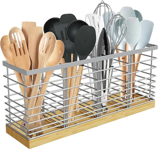 Suli Extra Large Kitchen Utensil Holder with 4 Compartments，Silvery Metal holder for Kitchen Countertop，Farmhouse Cooking Utensil Storage, Rustic Cooking Utensil