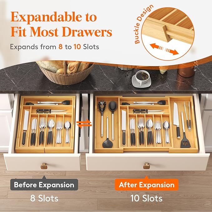 Lifewit Silverware Drawer Organizer, Expandable Utensil Tray for Kitchen, Bamboo Flatware and Cutlery Holder, Wood Adjustable Storage for Spoons Forks Knives, 17- 28 x 18.5", Natural