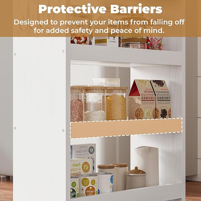 LIKIMIO 4 Tier Slim Storage Cart with Hooks, Wheels, Handle, Slide-Out Rolling Utility Cart for Small Spaces Kitchen, Narrow Mobile Shelving Unit Organizer Trolley, 23.6" L x 9.4" W