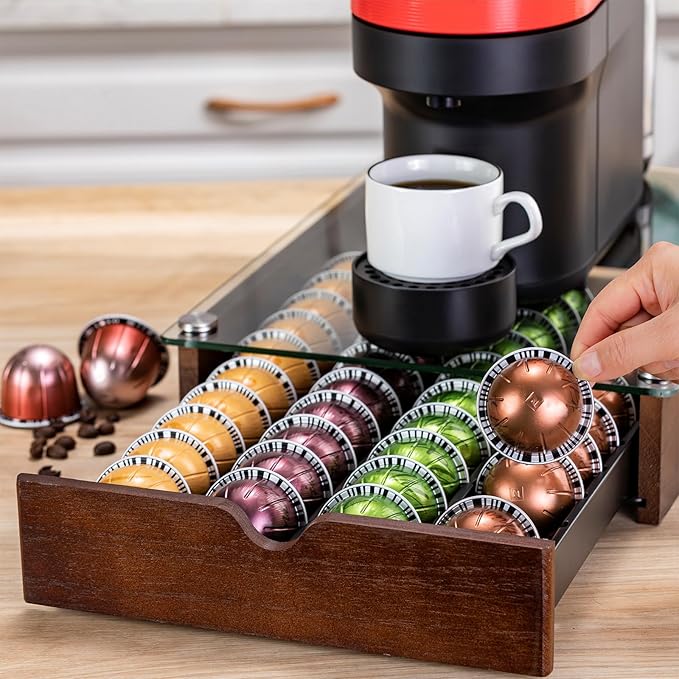 Rice rat Nespresso Pod Holder Vertuo Pod Drawer With Glass For Cabinet Vertuoline Pod Storage Rack For Counter (40 Pods)