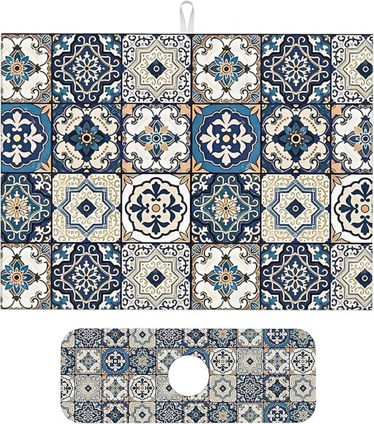 2Pcs Dish Drying Mats Faucet Mats Sets Large Size Coffee Mats Sink Faucet Mat Splash Guard for Kitchen Counter Bathroom Sink Coffee Bar Kitchen Decor (Blue Boho, 18"x24" 15" x 5.5"Set)