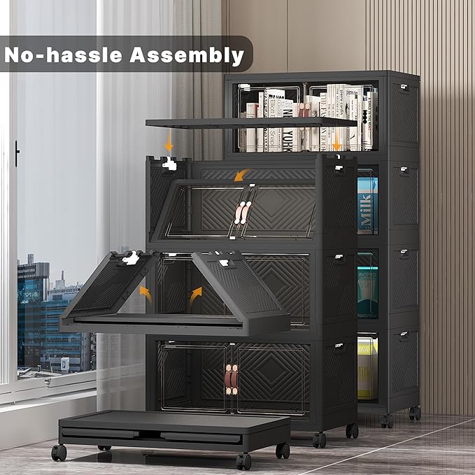 Stackable Storage Bins with Lids & Wheels & Door, Foldable Collapsible Closet Organizers, Extra Large Plastic Storage Drawers for Bedroom Dorm Office Garage (Dark-55qt, 4Pack with 1 top lid)