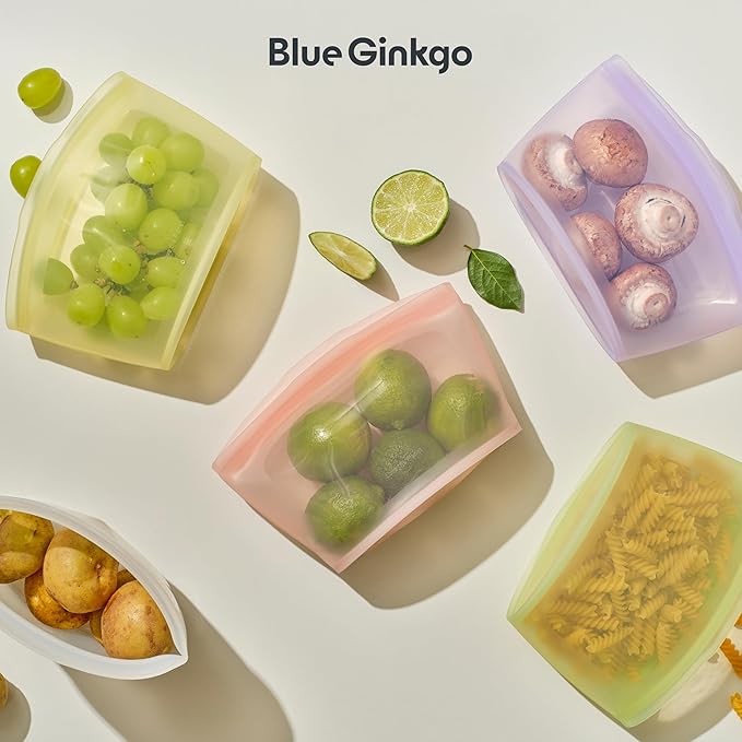 Blue Ginkgo Reusable Silicone Storage Bags – 4-Pack | Korean-Made Stand Up Food, Freezer Bags - Peach