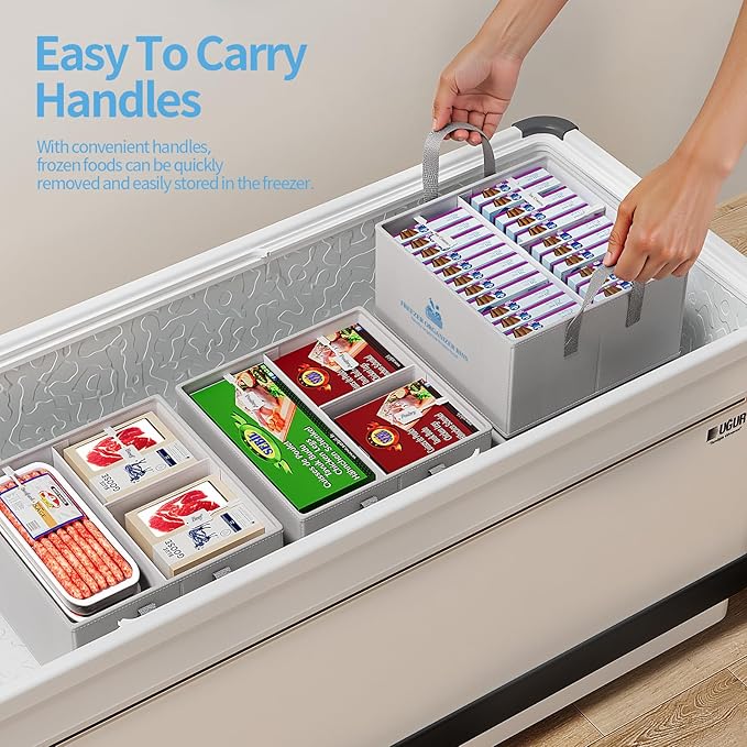 Housolution 2 Pack Freezer Organizer Bins, Collapsible Deep Chest Freezer Organizer Bins with Removable Dividers, Label Pockets, Waterproof Freezer Storage Bins with Portable Handle (14"x14"x9")