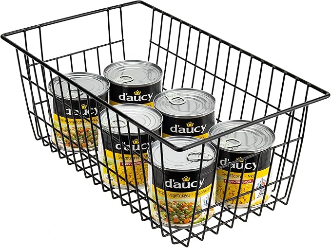 blitzlabs Wire Storage Basket Organizer Bins Farmhouse Metal Basket Pantry Large Organizing Storage Bin Baskets for Kitchen Cabinets, Pantry, Freezer, Bathroom,Closets-Set of 3-Black