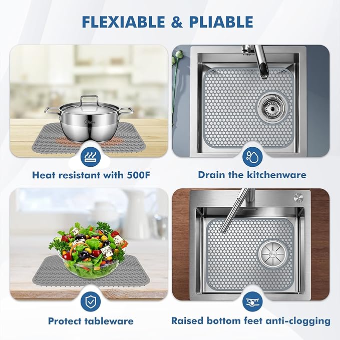 Bestjing Silicone Kitchen Sink Protector Mat with Rear Drain - 13.58''x 11.6'' Kitchen Sink Accessory, Folding Non-Slip Heat Resistant Mat Grid for Bottom of Stainless Steel Porcelain (Rear Hole)