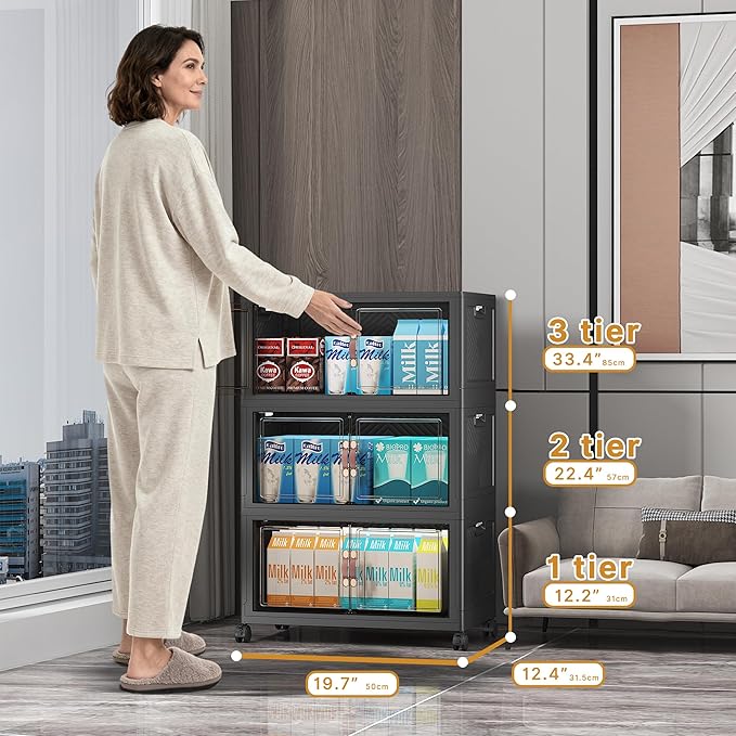 Stackable Storage Bins with Lids & Wheels & Door, Foldable Collapsible Closet Organizers, Extra Large Plastic Storage Drawers for Bedroom Dorm Office Garage (Dark-55qt, 6Pack with 2 top lids)