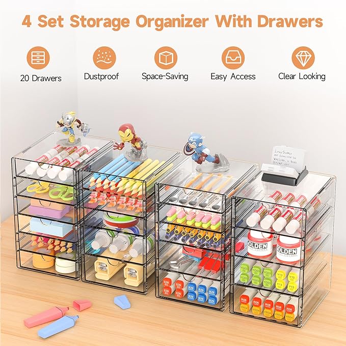 Makeup Drawer Storage Organizer with 20 Drawers, 4 Set Acrylic Office Desk Organization and Storage, Dustproof Drawer Organizer for Makeup, Office, Countertop, Jewelry, Pen, Desktop, Bathroom, Bedroom