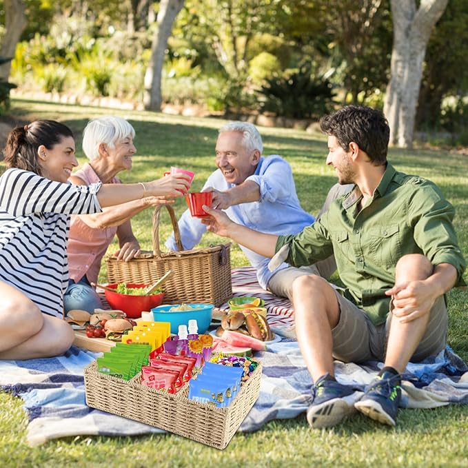Snack Bar Station Organizer,Pantry Organizers and Storage Bins,Hand-Woven Snack Basket for Countertop with 6 Compartments,Snack Display Box for Candy,Drink Packet,Chips,Spice Organizer