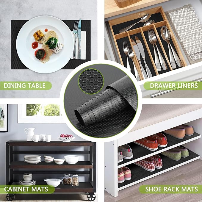 HooTown Shelf Liner Kitchen Cabinet Drawer Mats 17.5 Inch Wide x 16.4 Feet Long, Non Skid EVA Plastic Washable Oil Proof Pad for RV Drawer, Dish Plate Slippery Protection, Black