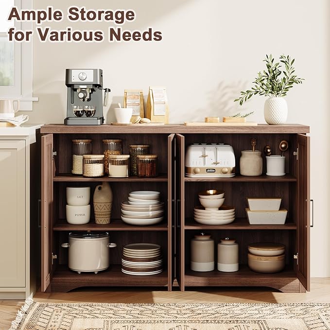 Fluted Buffet Cabinet with Storage Accent Sideboard,Modern Credenza with 4 Doors & Adjustable Shelves,Wood Coffee Bar Table Console for Dining Room Kitchen Living Room Entryway, Walnut