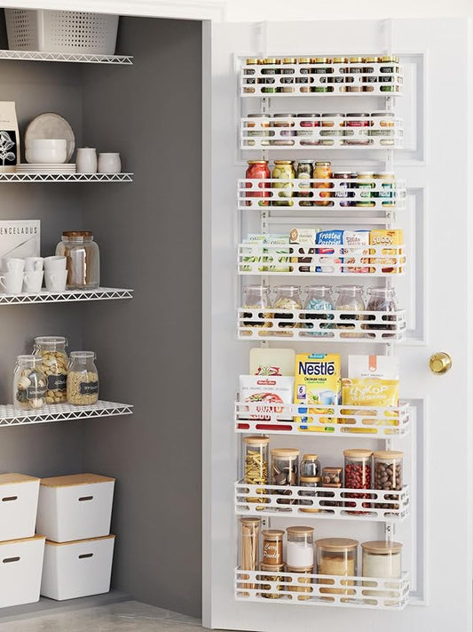 Over the Door Pantry Organizer, Pantry Organization and Storage, 8 Tier Pantry Door Spice Rack Organizer, Metal Over Door Organizer Home Office Laundry Room Bathroom & Kitchen Organization, White