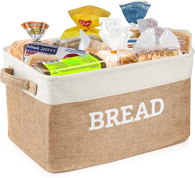 Lukeline Bread Storage Basket for Kitchen, Foldable Fabric Bread Keeper Bread Storage Container Bin with Handles, Bread Baskets for Kitchen Counter and Pantry (White & Beige)