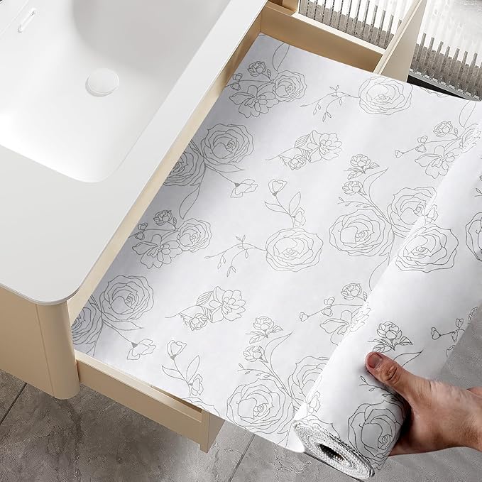 Floral Shelf Drawer Liner for Kitchen Cabinets Non-Adhesive Shelf Liner Paper Non-Slip Strong Grip Drawer Liner Cabinet Liners Thickened Easy to Clean for Tool Box Pantry (12In x 20FT), Gray