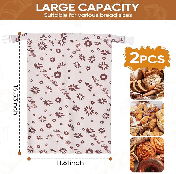 Beeswax Bread Bags for Sourdough 17in*12in Sealed Bag with Snap Closure Reusable Cotton Beeswax Bag for Homemade Bread Freezer-Friendly Freshness Preservation Food Storage 2 Pack（Brown Flowers）