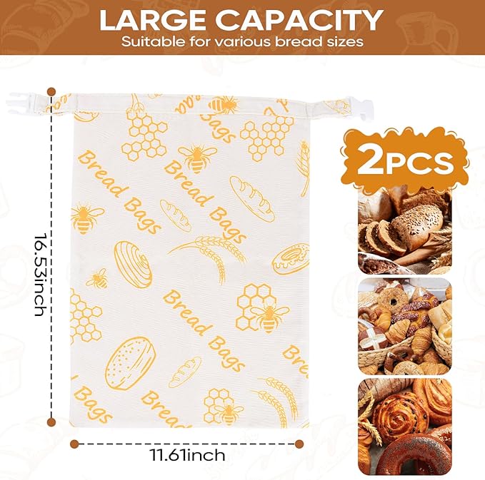 Beeswax Bread Bags for Sourdough 17in*12in Sealed Bag Reusable Cotton Beeswax Bag for Homemade Bread Freezer-Friendly Freshness Preservation with Snap Closure 2 Pack (Orange Pattern)