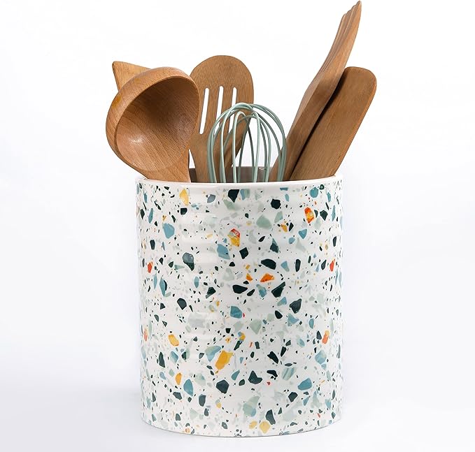 Kitchen Utensil Holder,7.2″Extra Large Stable Terrazzo Marble Pattern Ceramic Utensil Crock,Utensil Organizer for Countertop,Kitchen Decor,Utensil Holder for Housewarming,Wedding Gift Blue