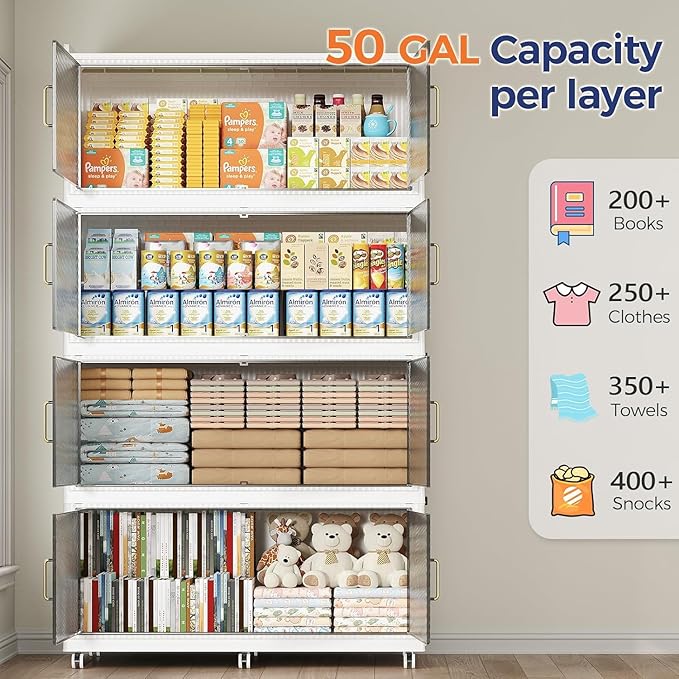 QAVABIN 200GAL Extra Large Storage Bins with Lid, 800QT Collapsible Organizer with Wheels, Stackable Closet Cabinet with Doors, Folding Storage Containers for Home, Office, Kitchen, 4Pack White