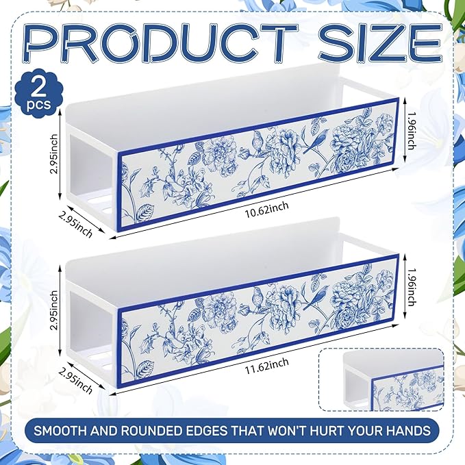2 Pack Floral and Bird Magnetic Spice Rack for Refrigerator Metal Magnet Basket Shelf for Fridge Seasoning Storage Organizers Home Decor Kitchen Accessories (Blue and White)