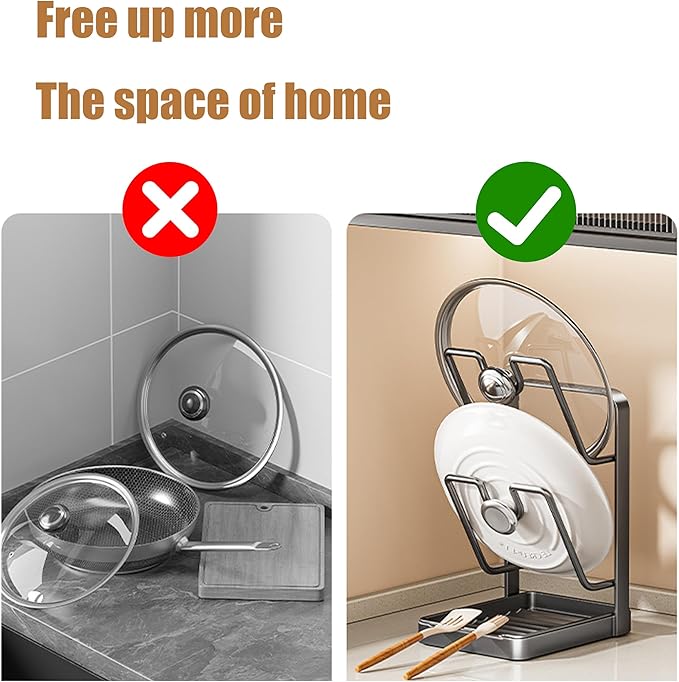 Kitchen Pot Lid Storage Rack, Pot Lid Organizer with Removable Drip Tray & U-Shaped Holder - Space-Saving Countertop & Stove Top Organizer, Perfect for Home Chefs