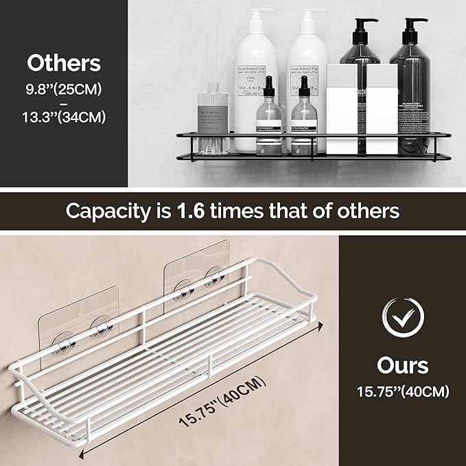 Orimade Bathroom Shelf Organizer Shower Caddy Storage Kitchen Rack with Traceless Transparent Adhesive No Drilling SUS304 Stainless Steel, 15.75inch, White
