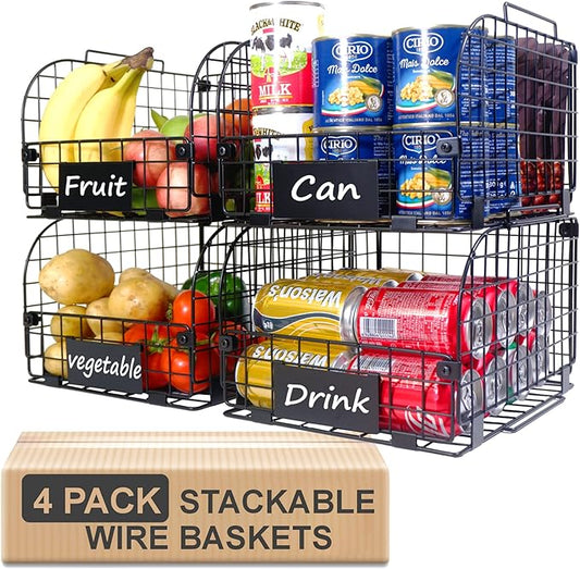 4 PACK Wire Stackable Baskets for Organizing,Fruit Basket for Kitchen,Pantry organizers and storage,12"x10.4"x7.8" Metal Baskets,Vegetable,Fruit,Snack,Onion,Potato,Can,K-Cup Organization,Black