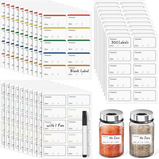Segarty Food Label Stickers, 300 Pcs Blank Expiration Date Stickers to Write On, with 1 Black Pen, Waterproof Removable Freezer Labels for Glass Spice Jars, Canister, Food Container