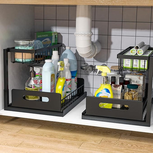 bukfen Under Sink Organizer, Pull Out Cabinet Organizer 2-Tier Slide Out Sliding Shelf Under Cabinet Storage Multi-Use for Under Kitchen Bathroom Sink Organizers and Storage ，2 Pack