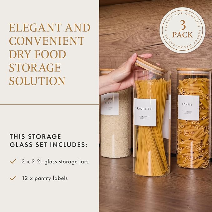 Set of 3 Glass Pantry Storage Containers with Lids- 12 Pantry Labels– (70oz) Glass Canisters with bamboo lids-Perfect Rice, Cereal, Flour, Pasta, Oats, food storage -Airtight-kitchen canisters