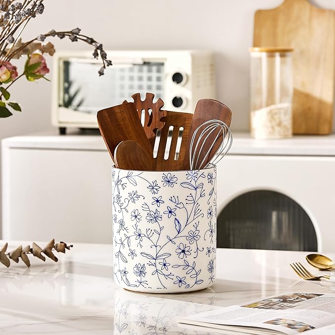 7.2'' Kitchen Utensil Holder – Farmhouse Ceramic Countertop Organizer with Cork Mat, Utensils Crock for Cooking Tools Spatula, Flowers, or Wine Chiller Kitchen Counter Deco (Blue and White)