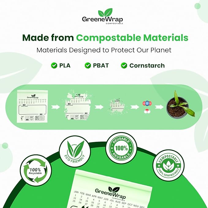 GreeneWrap Compostable Snack Size Zip Bags 50 Count Extra Thick 2 mil Resealable, Leak-Proof, Freezer Safe Disposable Food Storage Bags, BPI and OK Compost Home Certified, ASTM D6400