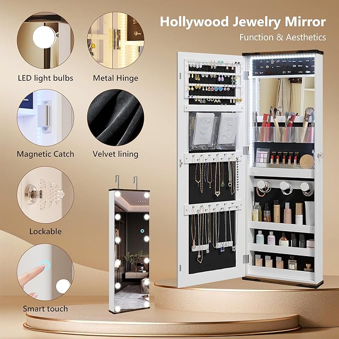 Over the Door Jewelry Organizer, 12 Hollywood Bulbs Hanging Jewelry Armoire with Full Length Mirror, 43.5" Lockable Large Storage Jewelry Cabinet for Girls/Women, (Wood grain white)