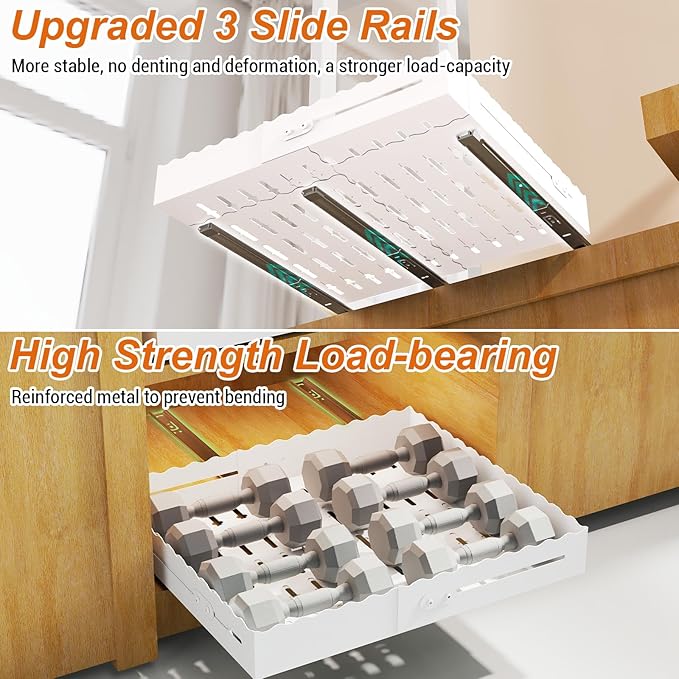 Pull Out Cabinet Organizer, Expandable Width 12"-18" Depth 13"-23" with 3 Slide Rails, No Drill Adhesive Pull Out Drawers for Kitchen and Pantry Cabinets, for Both Lip and Lip-Free Cabinets, White