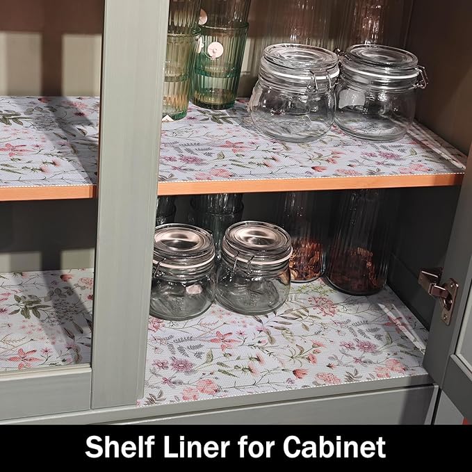 Amiitay Leaf Floral Shelf Liners Non Adhesive and Strong Non-Slip Shelf and Drawer Liners for Kitchen Cabinet Wire Fridge, Waterproof Shelf Drawer Liner,Easy to Clean,12IN x 10FT