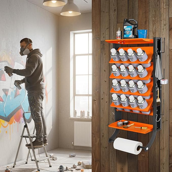 4-Tier Spray Paint Can Holder Rack Wall-Mount, Heavy Duty Spray Bottle Lube Can Organizer, 16 Can Storage Rack with Paper Towel Rod, Ideal for Garage/Workshop/Home,Orange
