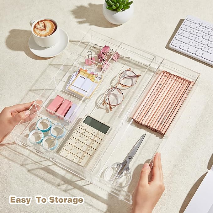 1 PC Acrylic Desk Drawer Organizer 2 Inch Height Expandable Drawer Organizer Trays with 8 Adjustable Compartments Desk Accessories for Makeup Silverware Office Bathroom(Clear,Stylish)