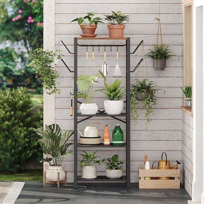 4-Tier Pot Rack, Pots and Pans Organizer for Kitchen, Lid Organizer Rack with U-Shaped Lid Holders, Kitchen Storage Shelf for Standing Cookware, Rustic Brown and Black POHR3001