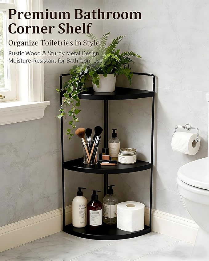 Corner Bathroom Countertop Organizer, 3-Tier Rustic Wood Corner Shelf with Sturdy Metal Frame, Waterproof Vanity Storage for Cosmetics & Toiletries, Space Saving Rack for Kitchen, Black