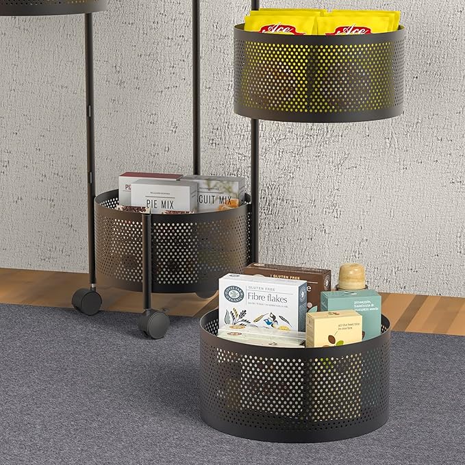 Rotating Fruit Basket, 5-Tier Metal Sturdy Kitchen Storage Rack Shelf Carts No Assembly on Rolling Wheels for Fruit Vegetable Grocery Corns Potato Onion (5-Tier, Black)