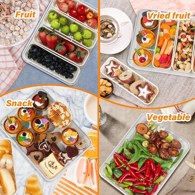 YFUIF 2 Pcs Portable Picnic Parties Fruit Tray, Fridge Food Veggie Condiment Divided Serving Preservation Storage Containers, Kitchen Clear Snackle Box Candy Organizer with Lid Handle