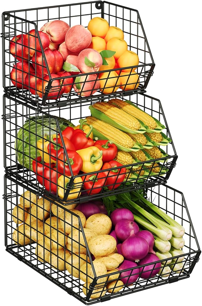 X-cosrack 3-Tier Stackable Fruit Basket for Kitchen Counter, Fruit and Vegetable Storage Basket- Potato and Onion Storage Bin, Wire Baskets for Pantry Organization- Metal Baskets for Produce Snack Can
