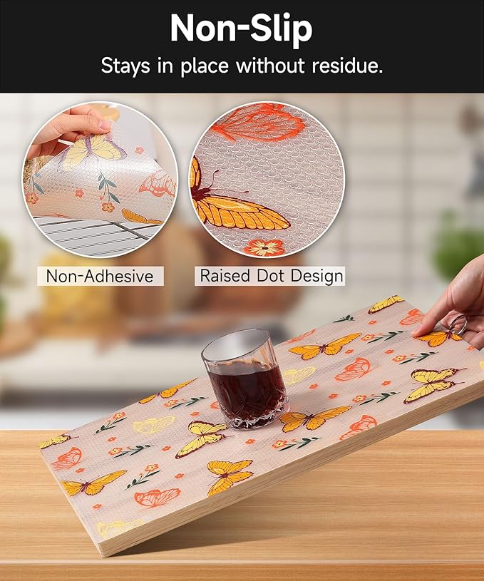Drawer & Shelf Liners for Kitchen Cabinets Non Adhesive - Oil-Resistant Waterproof Sturdy and Resilient Kitchen Cabinet Liners for Shelves, Tool Box, Refrigerator(Colorful Butterfly, 23.6"W x 360"L)