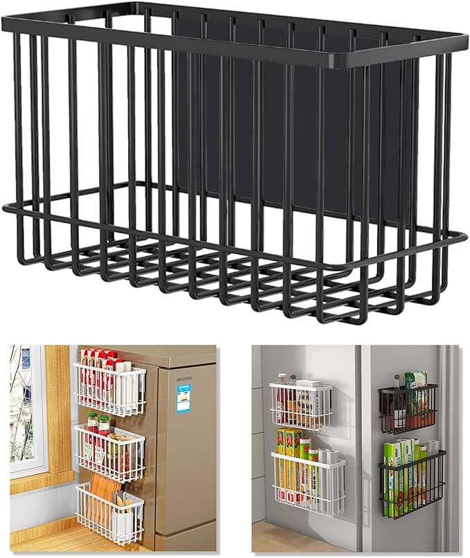 LIFEFAN Magnetic Refrigerator Organizer Magnetic Basket Kitchen Organizer Metal Ziplock Bag Storage Organizer (10.25" L x 3.2" W x 6" H, Black)