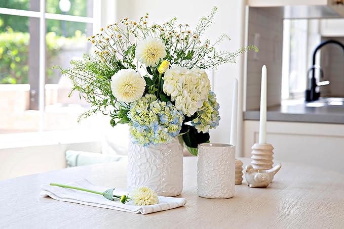 25DOL Large 7.3"+5.4" Engraved Ceramic Utensil Holder for Countertop, Cooking Utensils Organizer for Spatula, Large Utensils Crock for Kitchen Counter, Kitchen Decor, set of 2, White