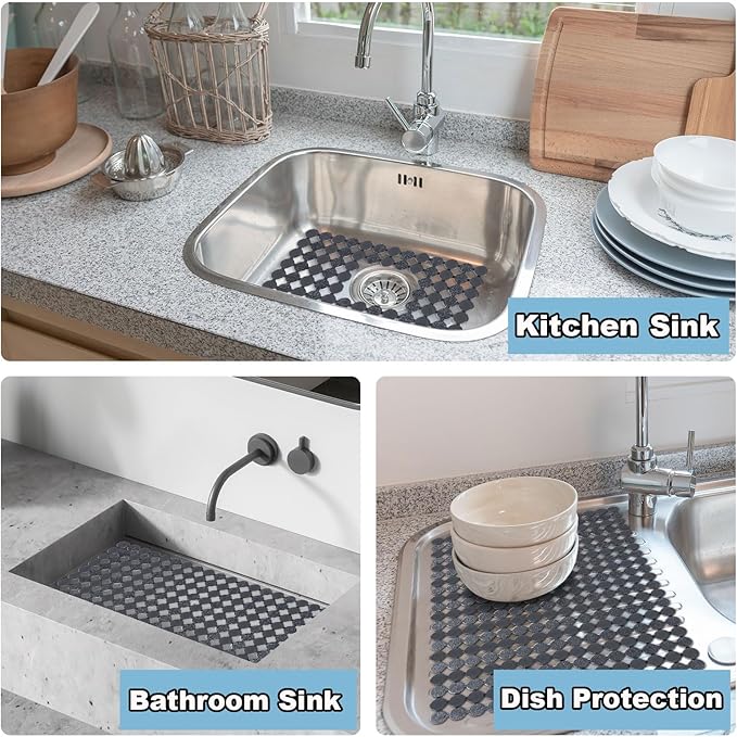 Kitchen Sink Mat for Stainless Steel/Ceramic Sinks,2 Pack Dish Sink Mats for Kitchen Sink with Scissors, Fast Draining,Easy to Clean,DIY Cut,15.7 X 11.8 Inch(Grey)