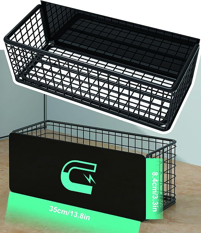 LIFEFAN Magnetic Basket Fridge Large Magnetic Pen Holder Whiteboard Metal Wire Basket Storage Item Organizer (Large Black)