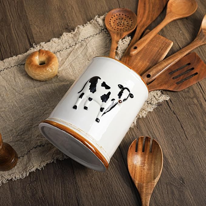 SOCOSY Ceramic Retro Cow Embossed Kitchen Utensil Holder For Countertop Large Cooking Utensil Crock Holder Spatula Holder
