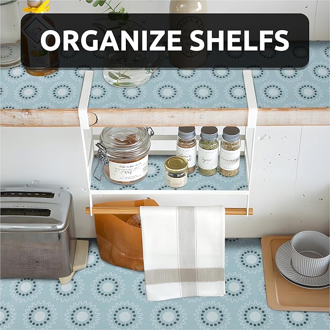 FIFTY FEET 18X96 Inch Shelf Liner for Kitchen Cabinets, PVC Drawer Liner for Dresser Non-Slip Bathroom, Non-Adhesive Cabinet Liner Washable (Blue Circle)(1 Roll)